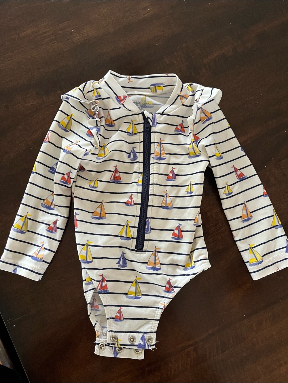 Little Me White Navy Striped Rashguard with Red Yellow Blue Sailboats 18M